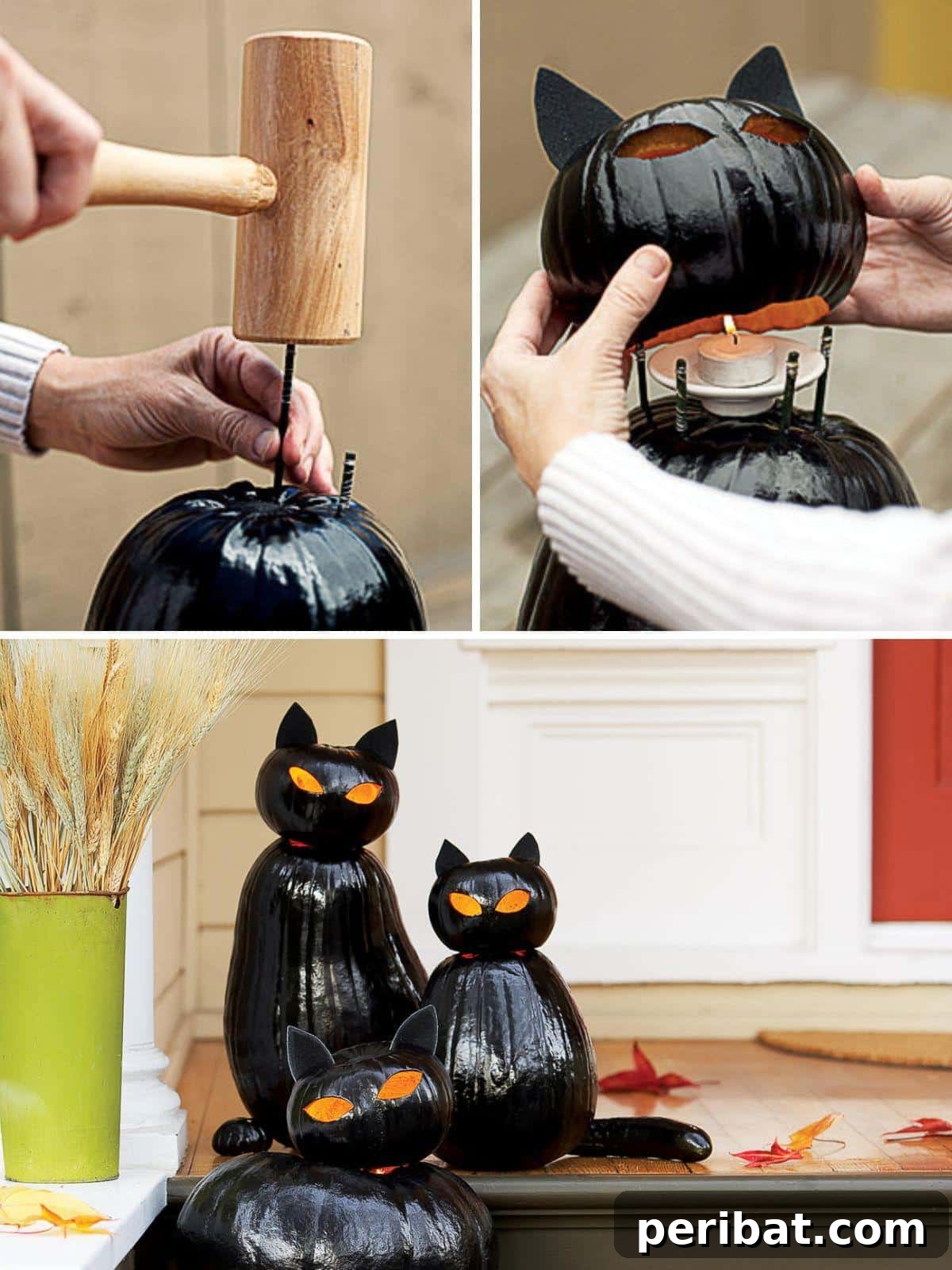 40 Spooktacularly Simple DIY Halloween Decorations 5 DIY Black Cat O’Lanterns made from stacked pumpkins