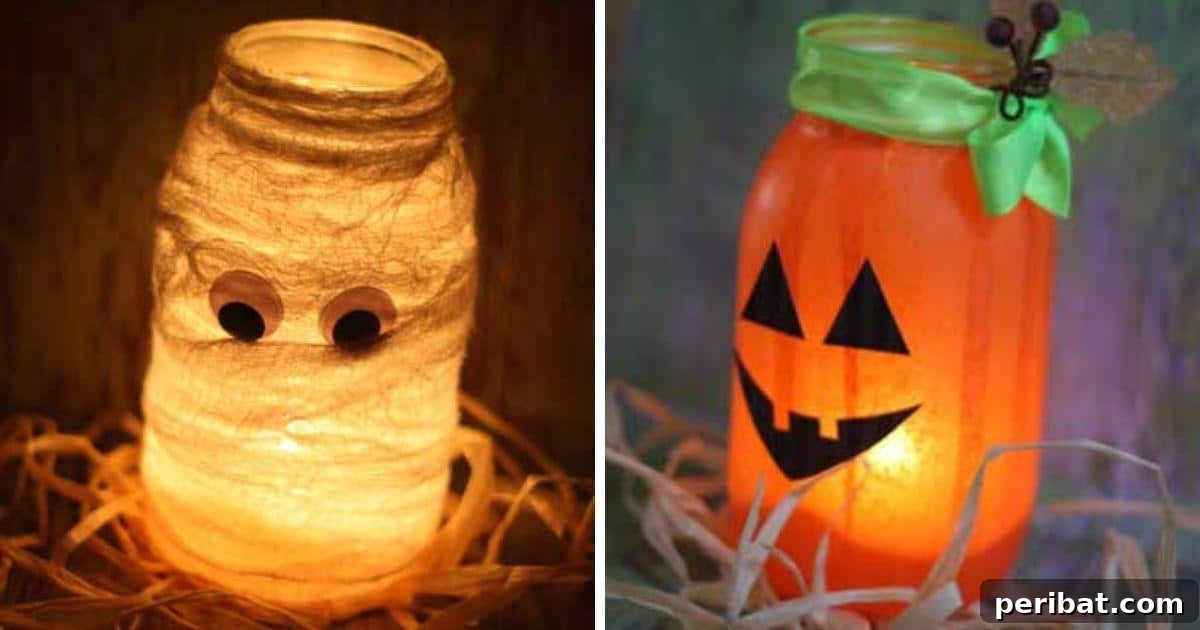 40 Spooktacularly Simple DIY Halloween Decorations 43 DIY Pumpkin Luminaries made from mason jars with jack-o-lantern faces