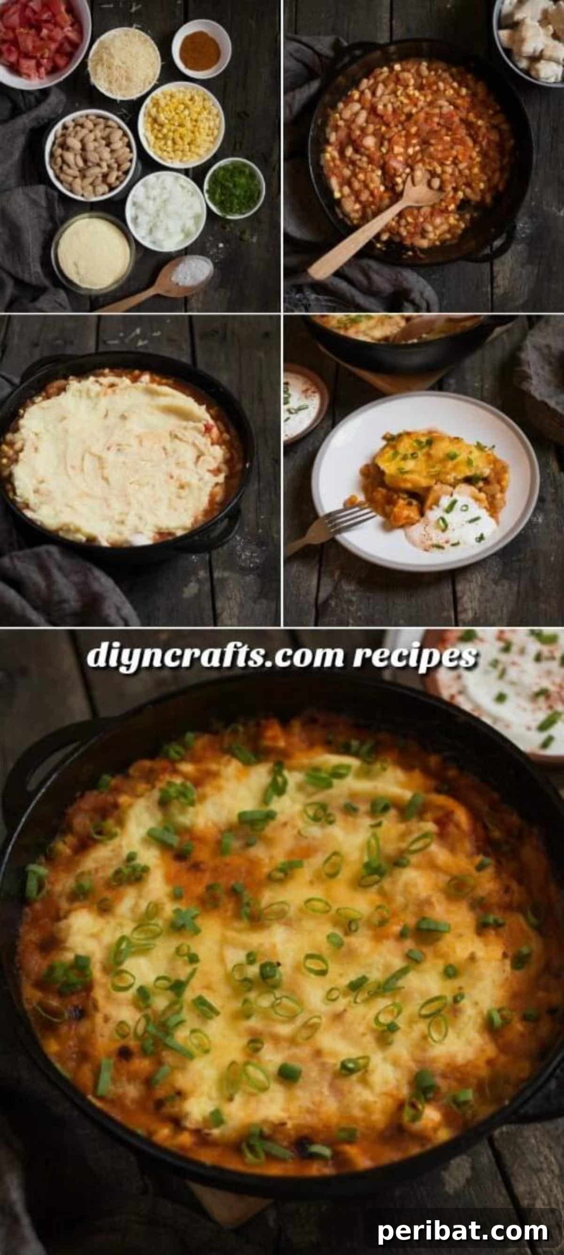 For a quick and easy wholesome meal, this Chicken Tamale Pie can't be beat. A top-down view of the freshly baked tamale pie, garnished with fresh cilantro and sour cream.