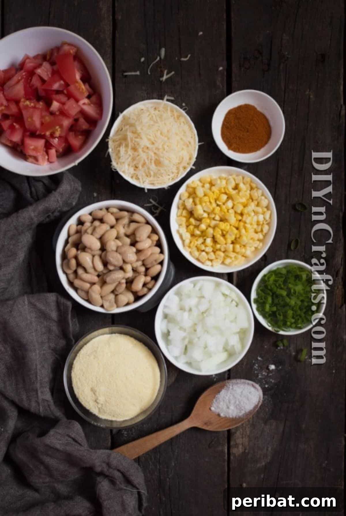 Wholesome ingredients make this the perfect family meal. A close-up shot of the vibrant chicken and bean filling before the polenta topping is added.
