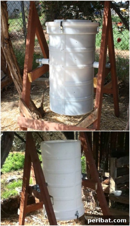 Easy Weekend Compost Bins You Can Build on a Budget 14 Homemade compost tumbler crafted from a plastic barrel and a wooden frame.