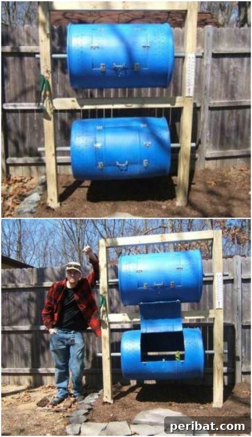 Easy Weekend Compost Bins You Can Build on a Budget 16 Innovative double-decker, rotatable compost bin built from plastic barrels for efficient turning.