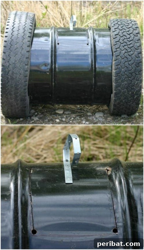 Easy Weekend Compost Bins You Can Build on a Budget 17 Creative compost bin using an old metal drum as the core and repurposed tires for stability and rotation.