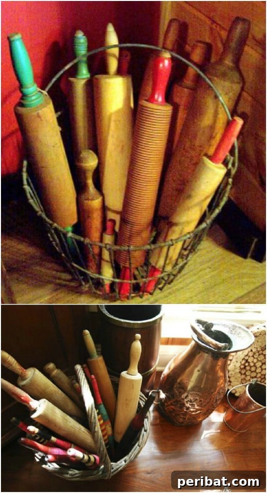 16 Inspiring Transformations for Old Rolling Pins 8 Old Rolling Pins in a Metal Basket Display