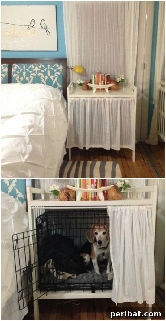 Changing table repurposed into a dog crate and bedside table