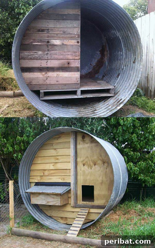 Weekend Chicken Coops: 20 Free DIY Plans for Quick Builds 20 Innovative upcycled water tank chicken coop with pallet base.