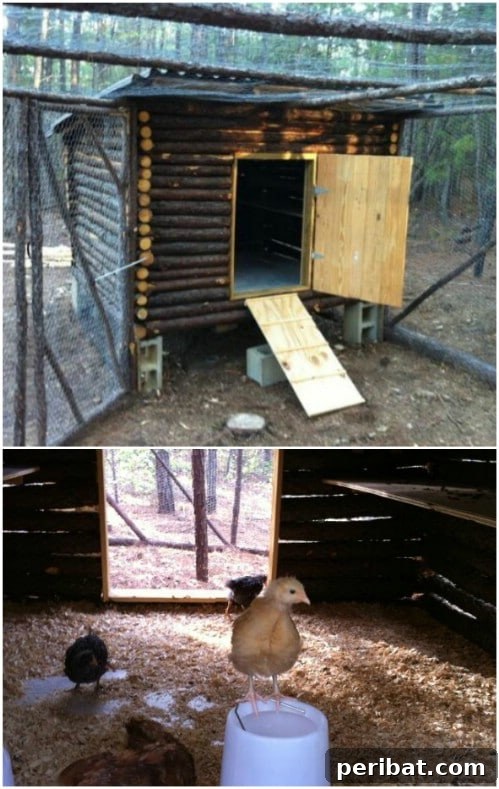 Weekend Chicken Coops: 20 Free DIY Plans for Quick Builds 8 Charming rustic log cabin style chicken coop.