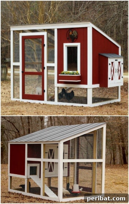 Weekend Chicken Coops: 20 Free DIY Plans for Quick Builds 9 Classic red and white barn style chicken coop.