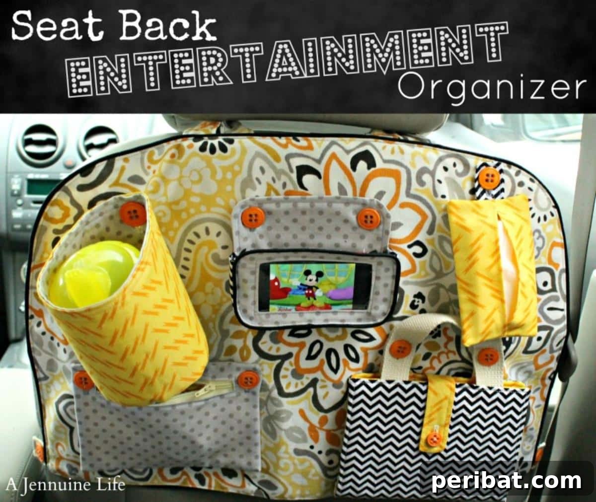 Effortless DIY Car Organization Hacks 11 A well-equipped car backseat entertainment organizer hanging on the back of a car seat, filled with essentials like tablets, drinks, and snacks to keep passengers engaged and the car tidy during journeys.