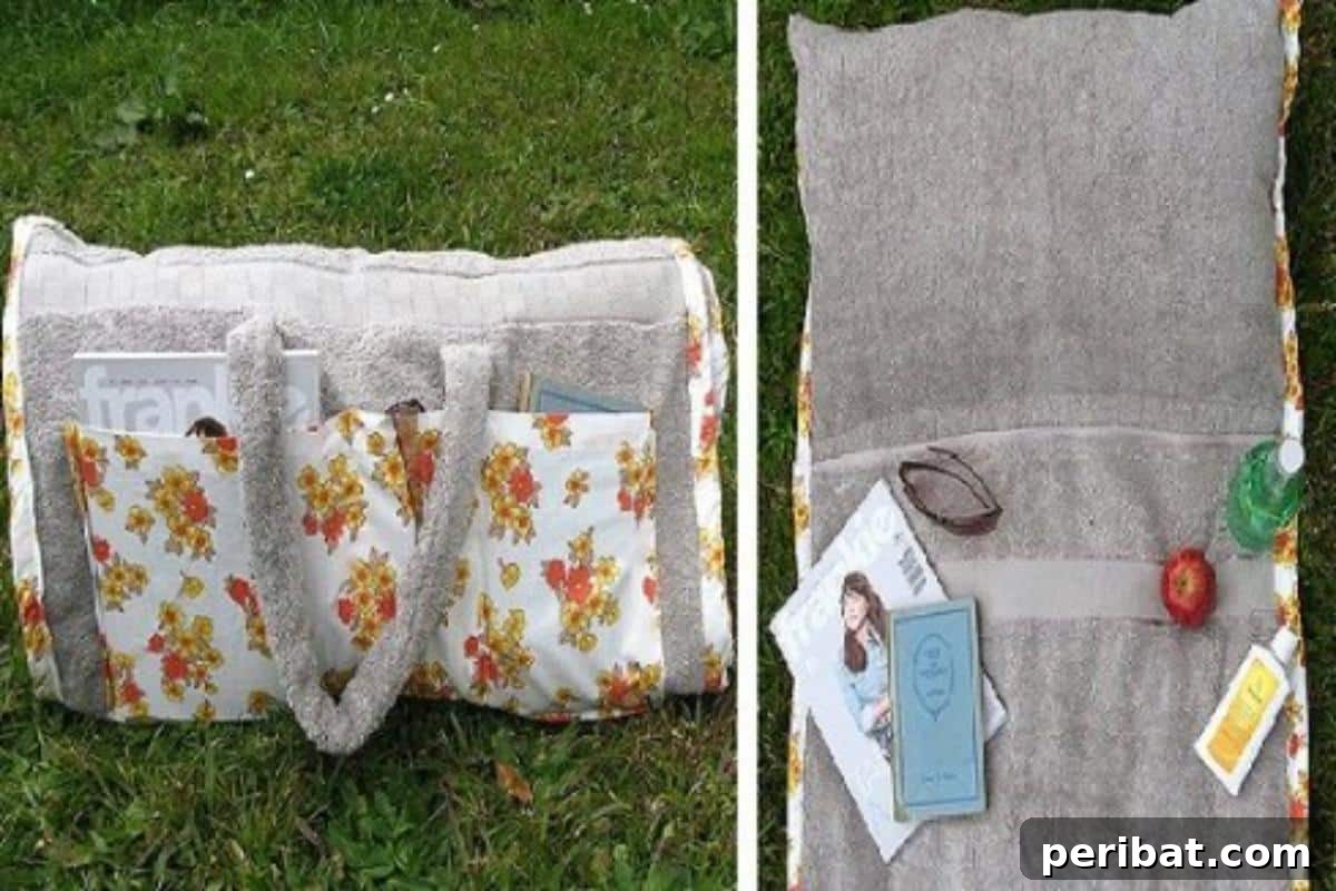 Effortless DIY Car Organization Hacks 16 A practical daytrip essentials organizer, showcasing a large tote bag filled with items like towels, pillows, and snacks, ready for beach trips or park visits, with a thoughtful DIY option.