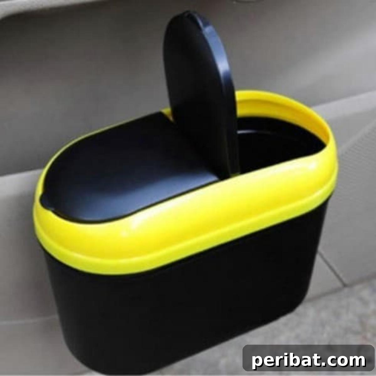 Effortless DIY Car Organization Hacks 18 A repurposed plastic cereal keeper container acting as an ideal car trash can, highlighting its slim design, secure lid, and ability to prevent trash bags from tearing and odors from escaping.