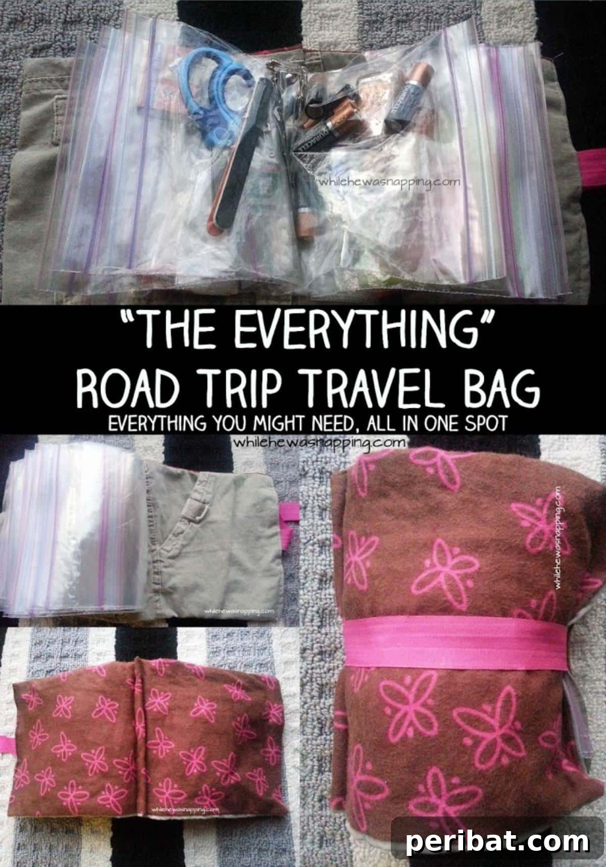 Effortless DIY Car Organization Hacks 20 A DIY fabric scrapbook holder creatively designed as a car organizer for smaller items, featuring sewn-together plastic baggies for stylish and convenient storage of essentials like hand sanitizer or scissors.