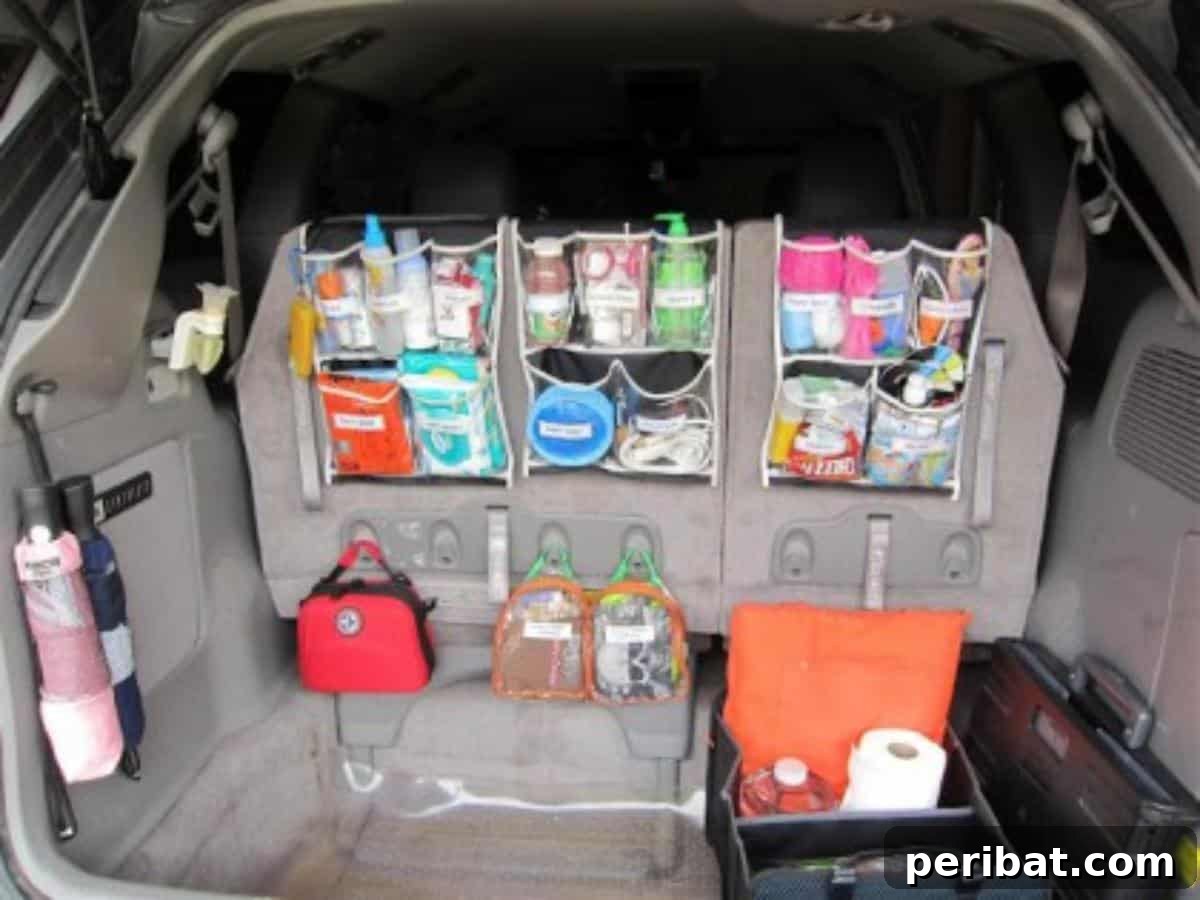 Effortless DIY Car Organization Hacks 6 Clear plastic shower caddies creatively used as car storage organizers, holding various items and hanging neatly on the back of a car seat, demonstrating a smart and affordable DIY solution.