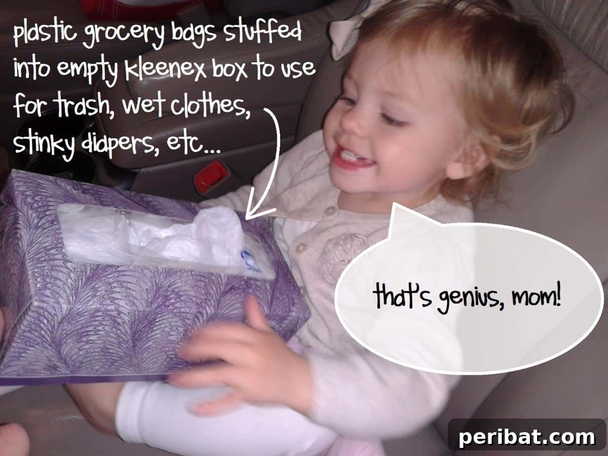 Effortless DIY Car Organization Hacks 9 A smiling child holding a creatively made dispenser for plastic shopping bags fashioned from an empty Kleenex box, showcasing a simple and effective car organization hack.