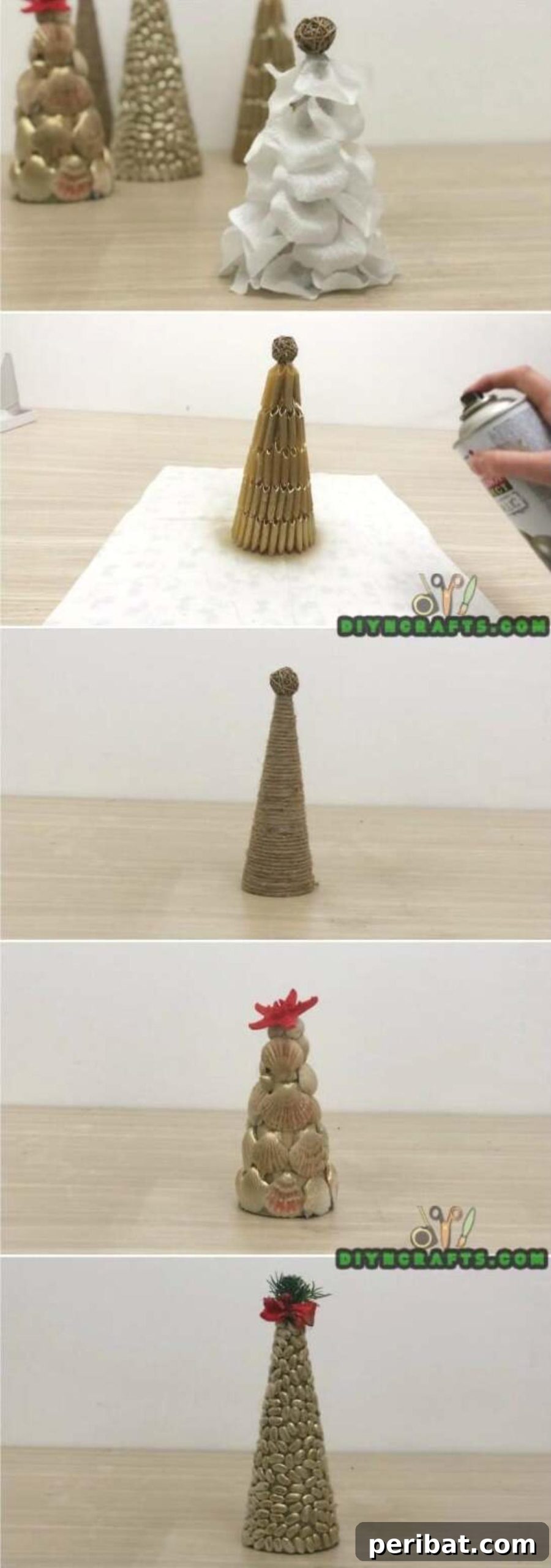 A collection of five adorable miniature DIY Christmas trees made from paper cones and various natural materials.