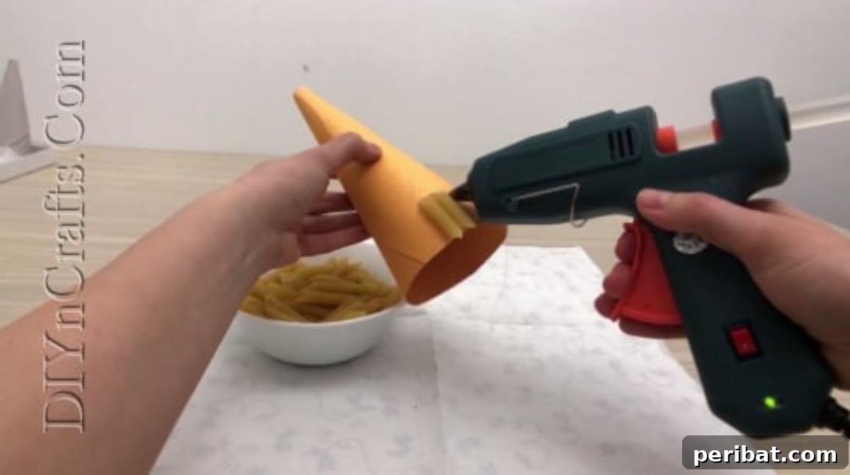Close-up of the pasta application, showing good coverage and texture for the DIY tree.