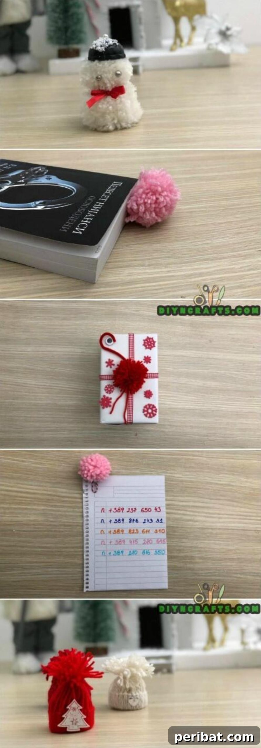 4 Easy DIY Christmas Yarn Crafts to Spread Holiday Cheer, featuring miniature yarn hats, pom-pom gift decorations, a cute snowman, and a fluffy bookmark.