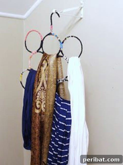 Eski Askıları Dönüştür: 16 Şaşırtıcı Kendin Yap Fikri 14 Repurposed Wire Hanger Scarf Organizer