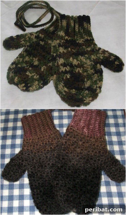 Snuggle Up: 30 Mitten Patterns to Knit or Crochet for Instant Warmth 9 Men’s Camouflage Mittens On A String