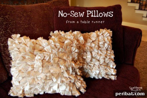 35+ Ingenious No-Sew Craft Ideas 21 Charming no-sew ruffled throw pillow made from a table runner