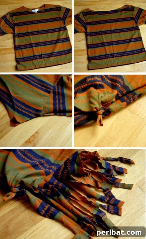 35+ Ingenious No-Sew Craft Ideas 37 Creative t-shirt restyle, transforming an old tee into a fashionable shredded top