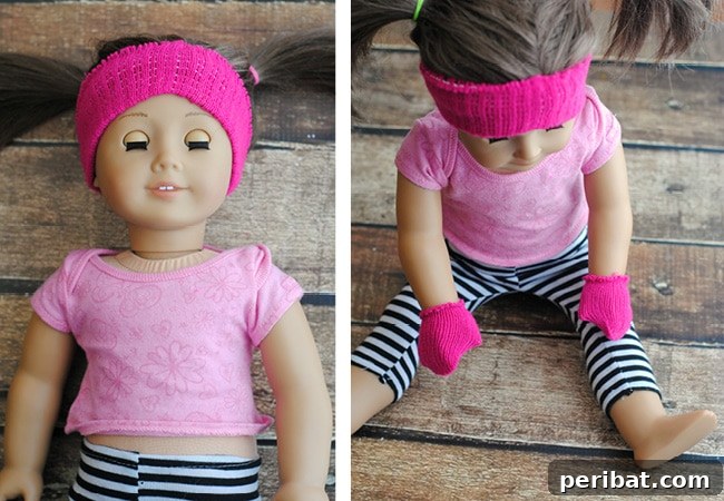 35+ Ingenious No-Sew Craft Ideas 30 American Girl doll wearing a cute pink no-sew headband and matching mittens