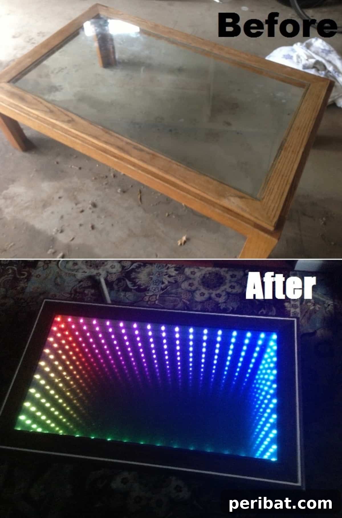 Upcycled glass top coffee table transformed into an infinity mirror table