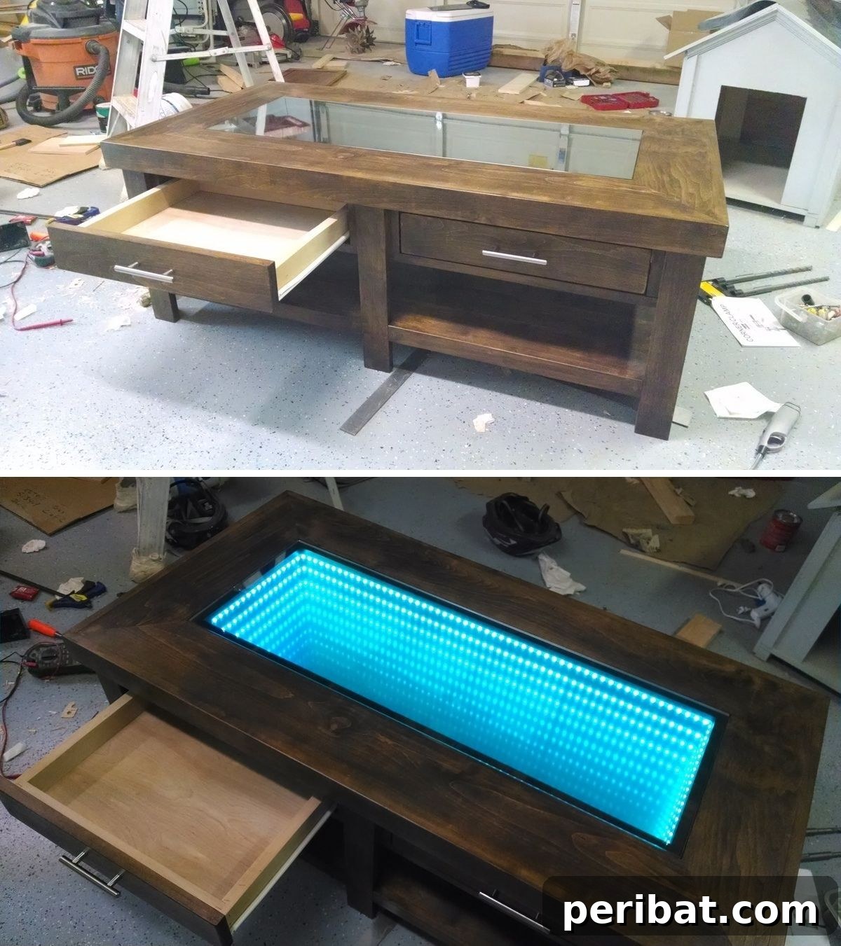 Crafting an infinity mirror coffee table with integrated storage drawers