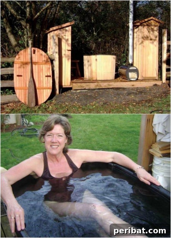 Full backyard hot tub oasis with a wood-fired heater, storage, and shed