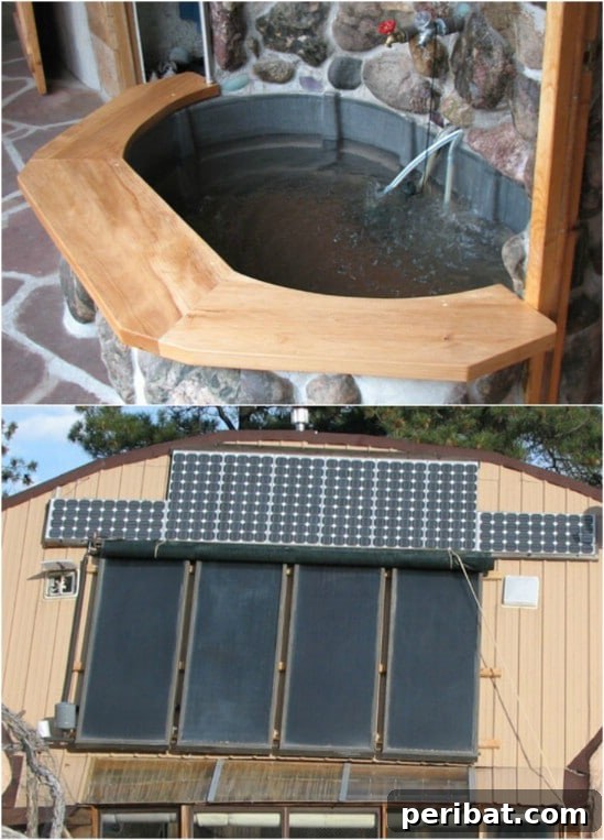 Beautiful DIY solar hot tub with a decorative fountain and stone facade