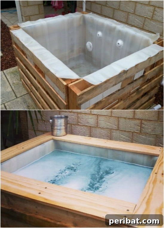 DIY hot tub built from repurposed wooden pallets with a rustic design
