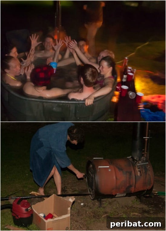 Large homemade steel barrel hot tub, ideal for groups