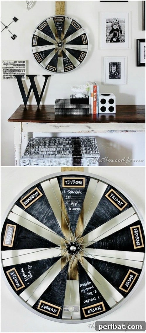 Upcycled Bicycle Wheel Chalkboard Calendar