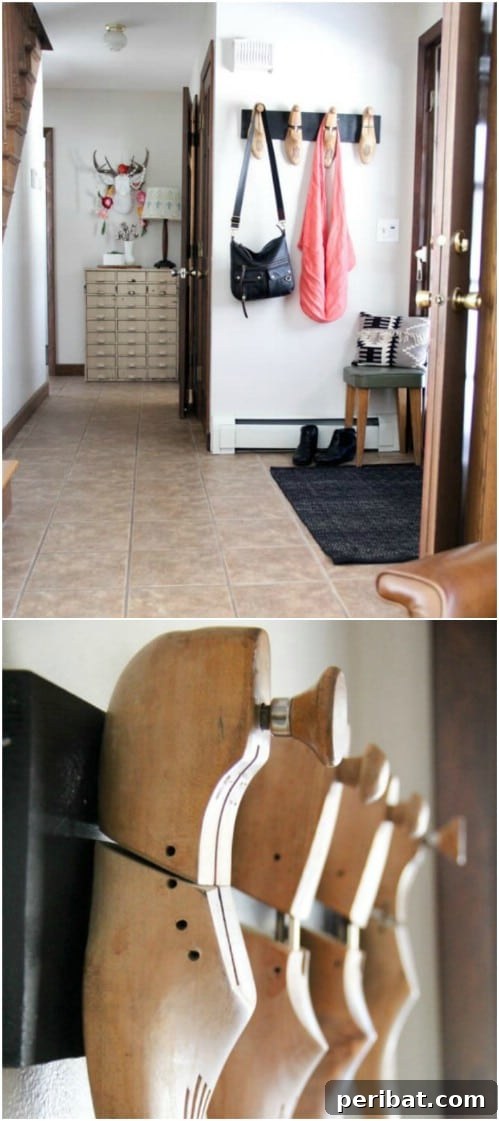Elevate Your Entryway 25 DIY Coat Rack Projects 24 Vintage Wooden Shoe Stretcher Coat Hooks