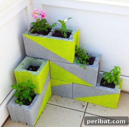 Dış Mekanlara Estetik Katan 25 Kendin Yap Saksı Fikri 22 DIY Neon Cinder Block Planters: Modern Garden Edging and Planters