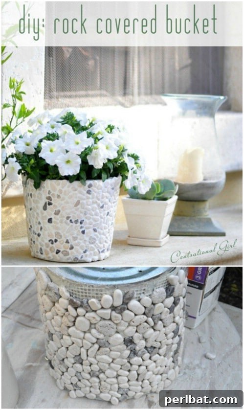 Dış Mekanlara Estetik Katan 25 Kendin Yap Saksı Fikri 6 DIY Rock Covered Planters: Rustic Decor from Buckets and Stones