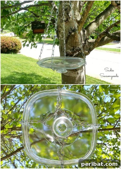 Repurposed Glass Hanging Bird Bath