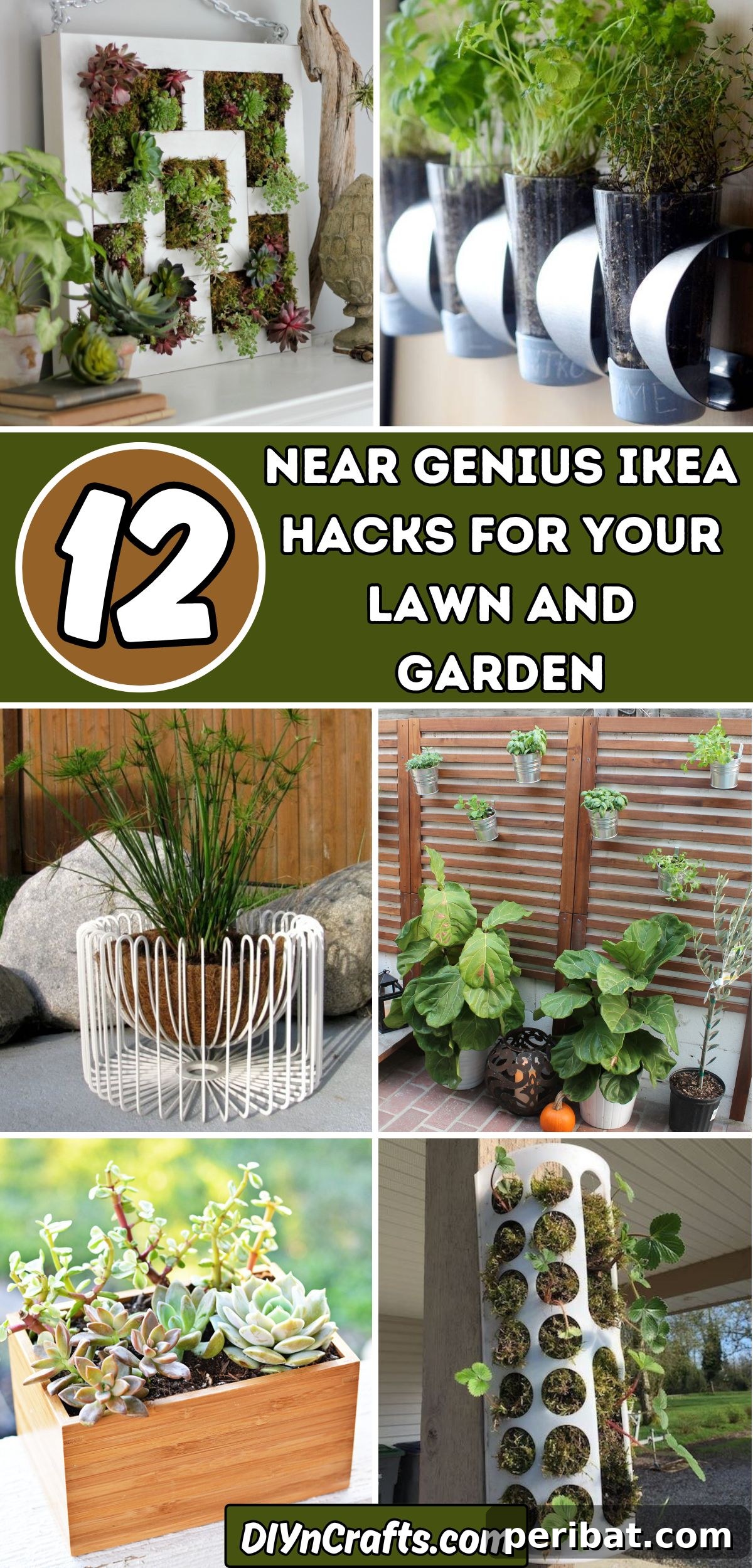 Unlock Your Garden's Potential: 12 Genius IKEA Hacks 2 A vibrant collage showcasing 12 ingenious IKEA hacks designed for enriching your lawn and garden, featuring transformed furniture and accessories repurposed into beautiful and functional outdoor decor elements and planting solutions.