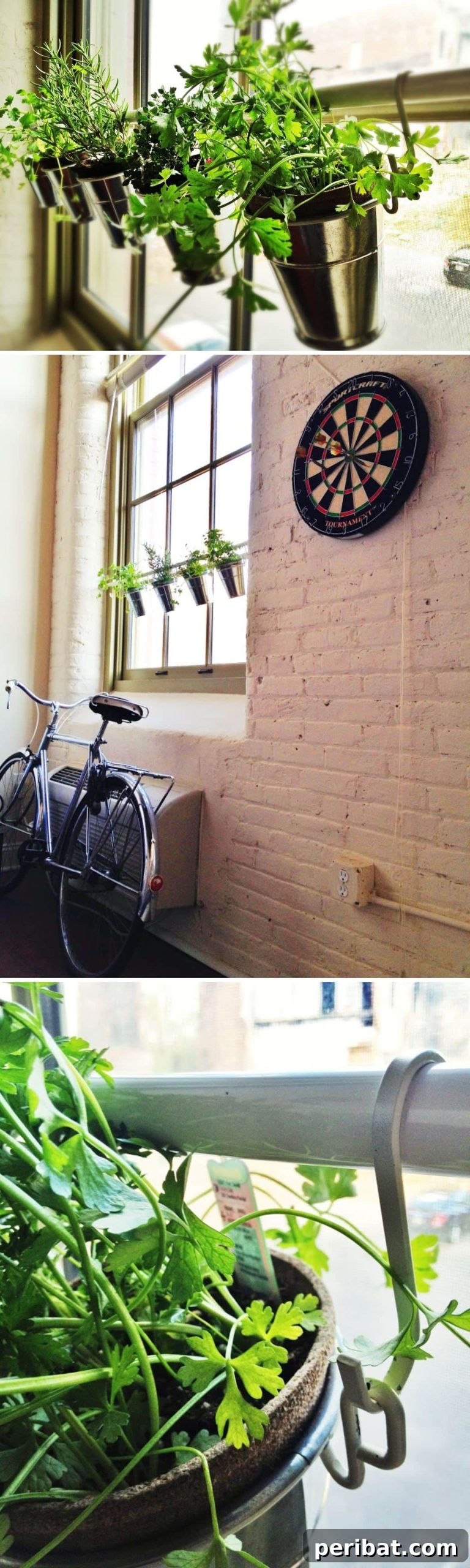 Unlock Your Garden's Potential: 12 Genius IKEA Hacks 4 A charming DIY kitchen window herb garden, crafted using an IKEA tension rod, cutlery caddies, and S-hooks, holding various potted herbs, bringing fresh ingredients and greenery directly into the kitchen space.