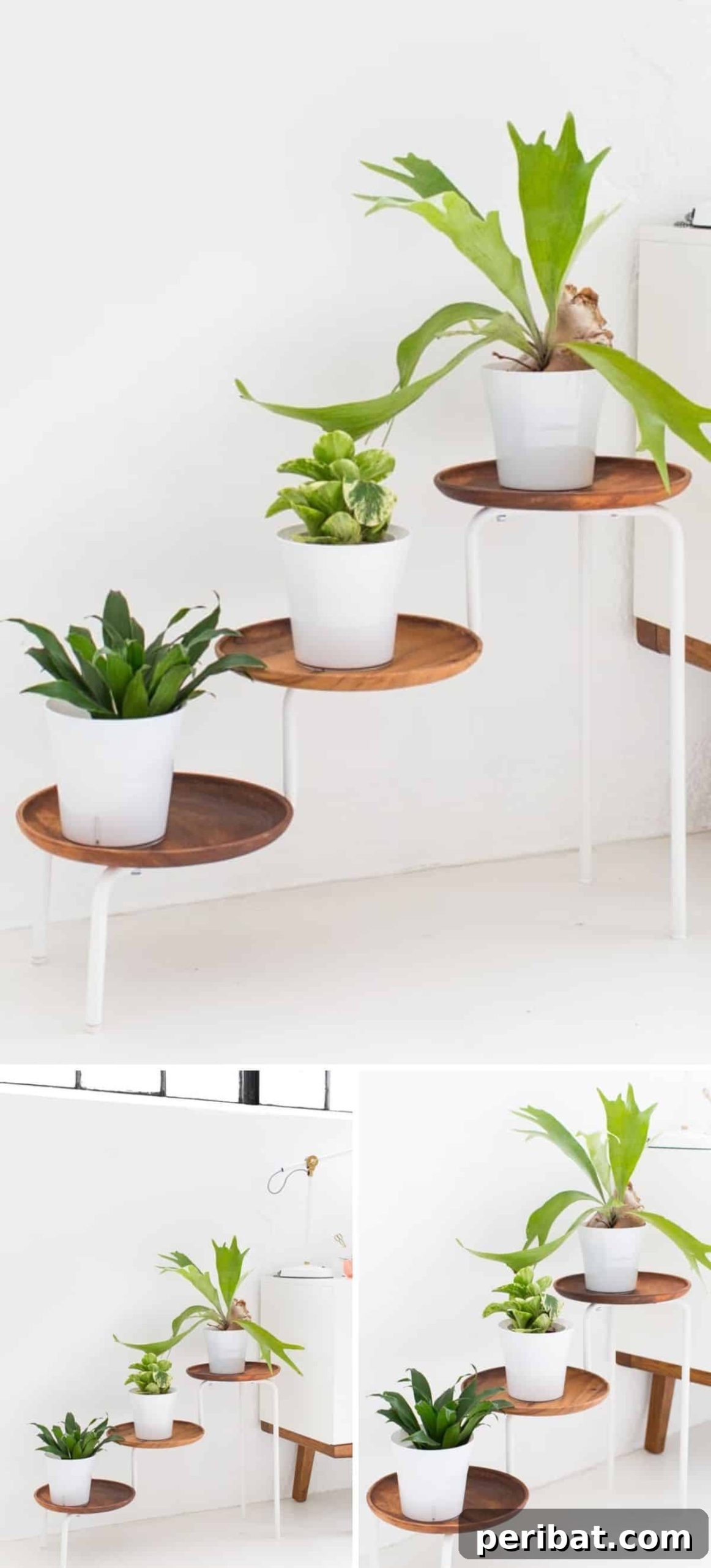 Unlock Your Garden's Potential: 12 Genius IKEA Hacks 10 A stunning DIY acacia wooden plant stand, crafted from IKEA elements, featuring a staggered, multi-tier design that beautifully displays several potted plants, perfect for both indoor and outdoor spaces, adding sophisticated design.