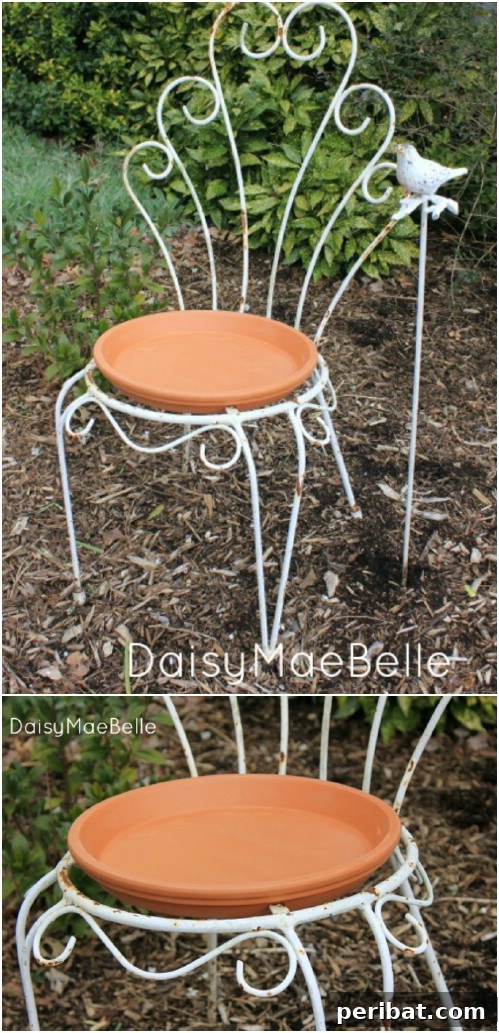 Upcycled Chair Bird Bath with Metal Bowl