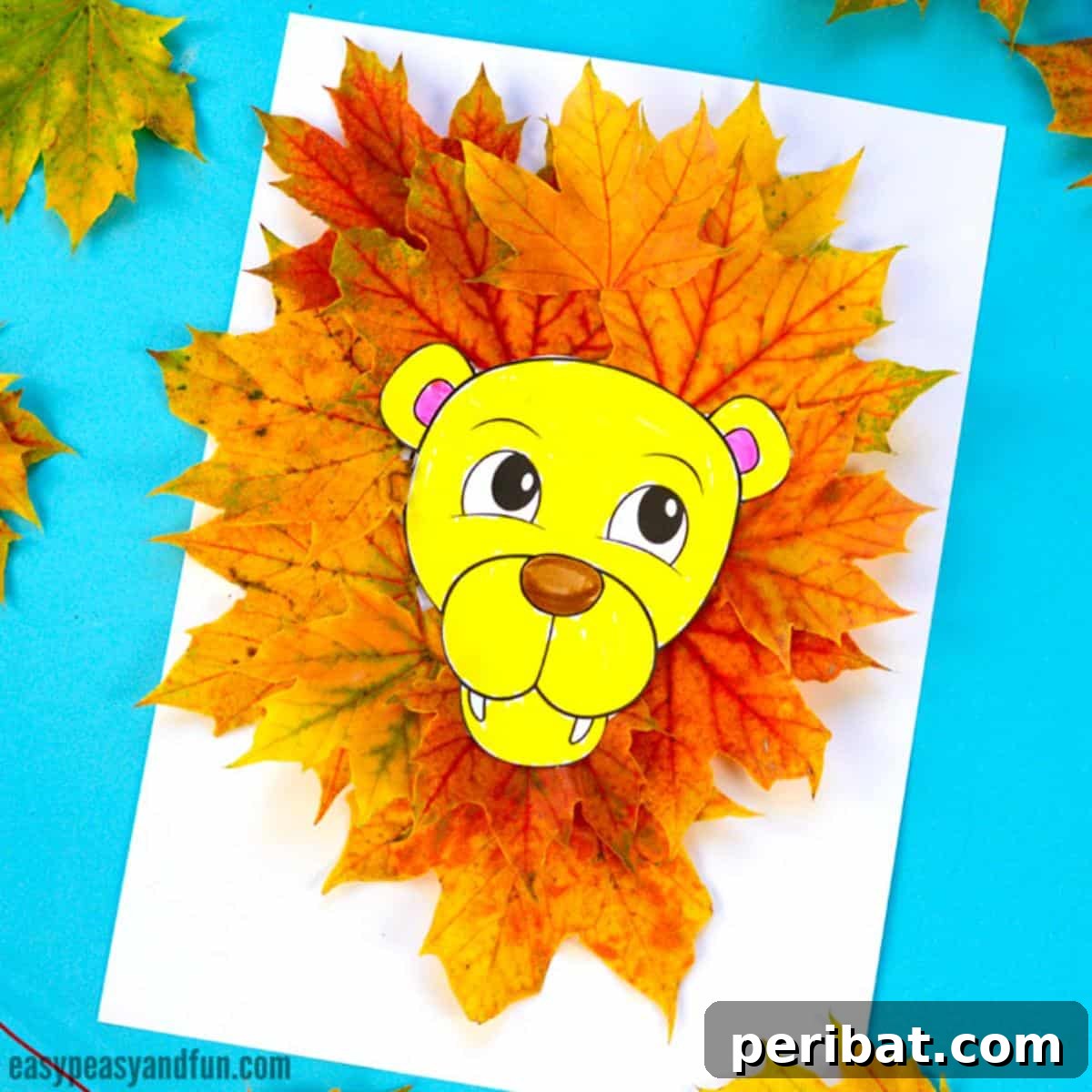 Autumn's Bounty: Creative Leaf Crafts for Young Explorers 6 Lion Leaf Craft, featuring a lion's face with a mane made from fall leaves.