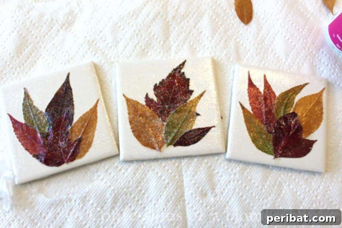 Autumn's Bounty: Creative Leaf Crafts for Young Explorers 7 Leaf Coasters made from ceramic tiles and pressed fall leaves.