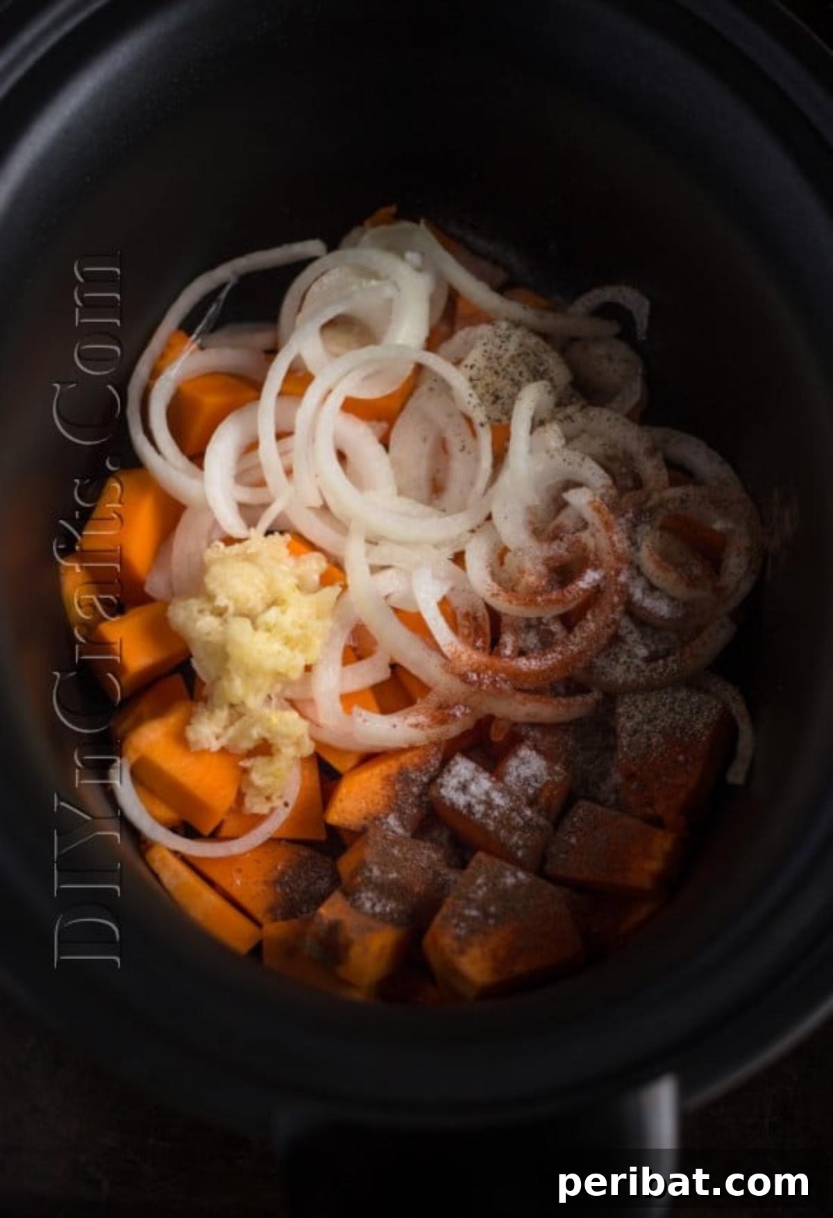 Set It and Forget It: Butternut Mac and Cheese in Your Slow Cooker 4 Initial mixing of butternut mac and cheese ingredients in the slow cooker