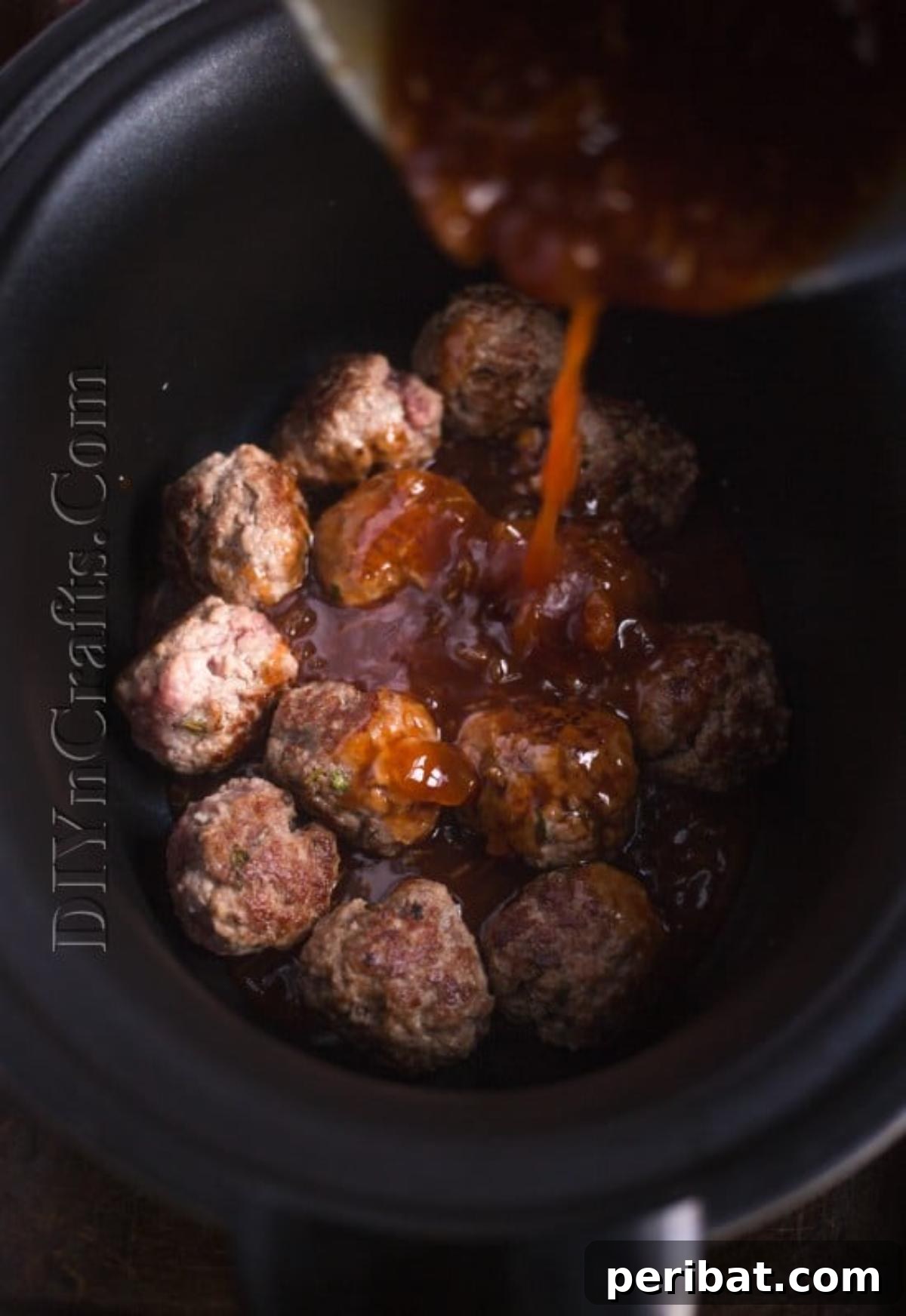 Your Go-To Meatballs: Fast, Flavorful, Flexible 6 Pouring the rich homemade glaze over browned meatballs in the slow cooker.