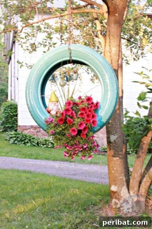 Simple, Stylish DIY Hanging Planters to Transform Your Space 15 Upcycled Tire Hanging Planter for Outdoor Garden