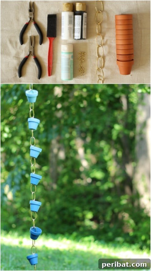 15 Brilliant DIY Rain Chains: Turn Downspouts into Delightful Water Features 5 DIY Ombre Terra Cotta Rain Chain Adds Colorful Flair