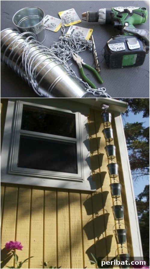 15 Brilliant DIY Rain Chains: Turn Downspouts into Delightful Water Features 9 Rustic Galvanized Bucket Rain Chain Idea