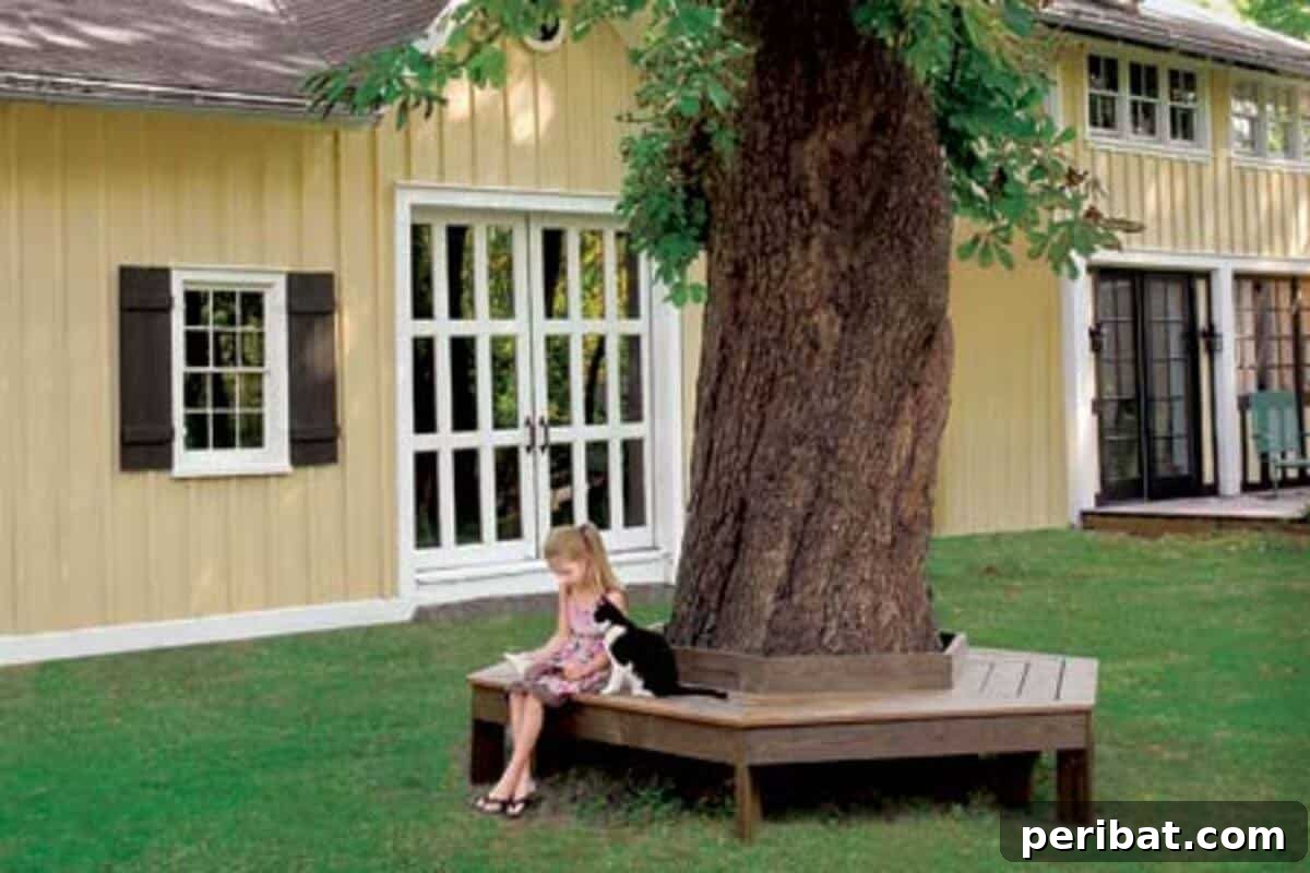 Smart DIY Solutions for Small Backyard Style 11 DIY Tree Bench, offering comfortable seating around a tree, saving space in a small backyard.