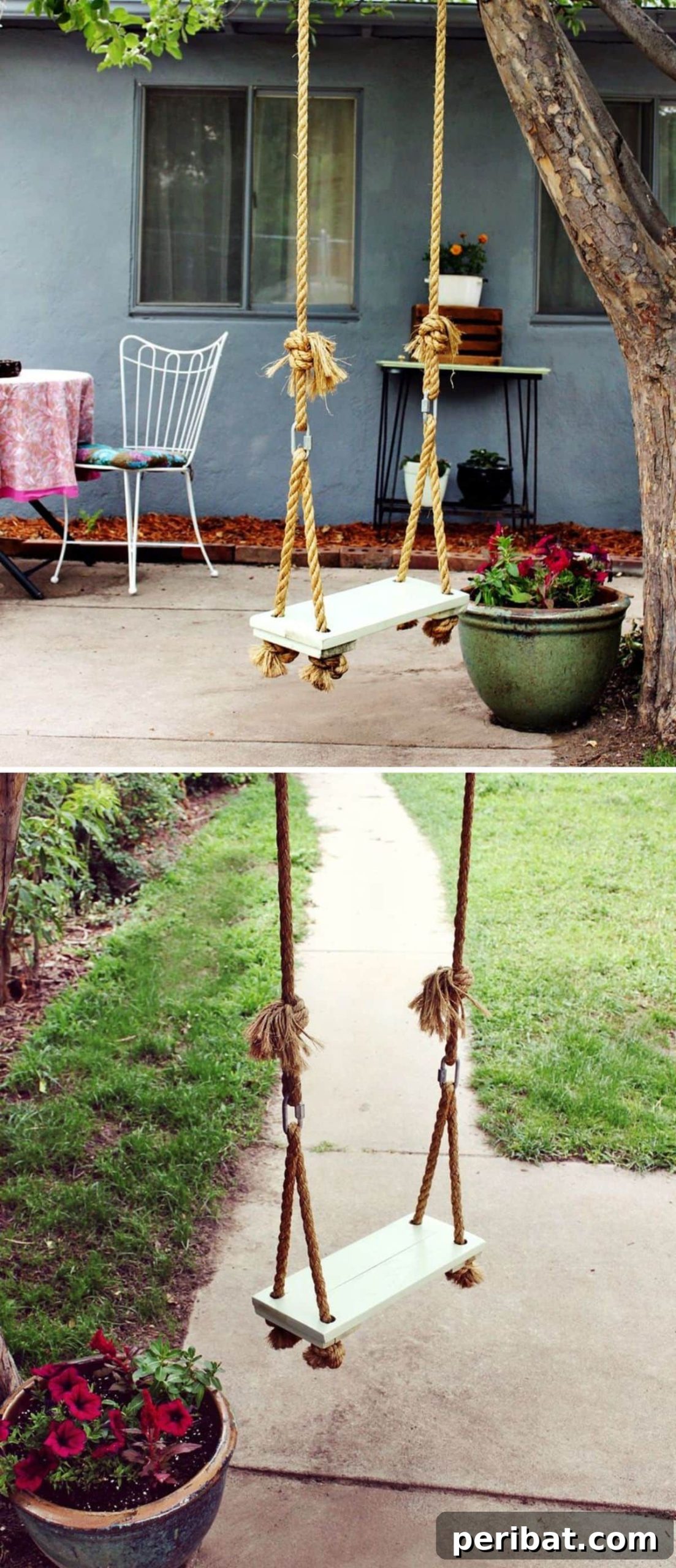 Smart DIY Solutions for Small Backyard Style 9 DIY Rope Swing, a classic and space-efficient play feature for children in a small backyard.